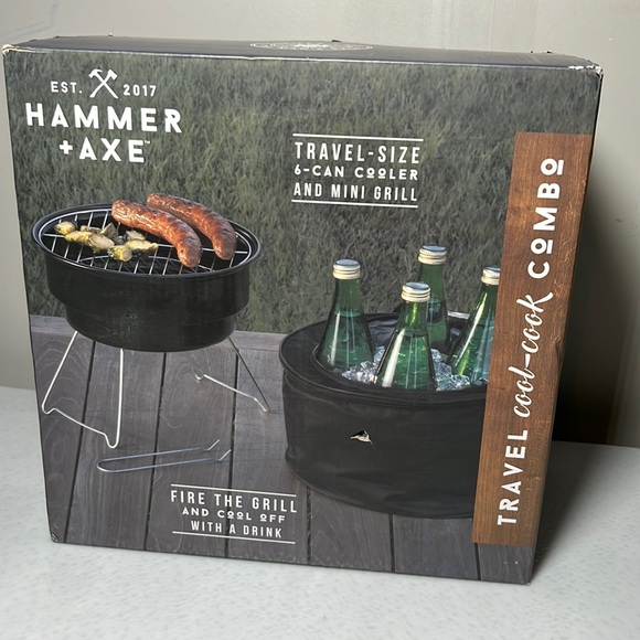 Hammer + Axe 2-Piece Mini Grill Insulated Cooler BBQ Set Travel Cool-Cook Combo - Picture 1 of 9